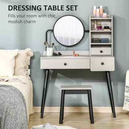 Ravato Grey Dressing Table And Stool Set With 3 Drawers And OFauxn Shelving