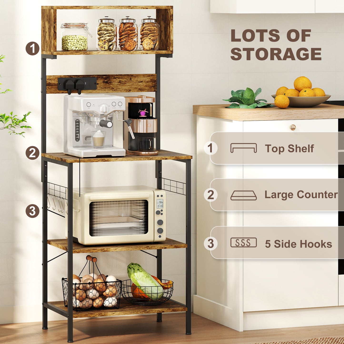 Raco Kale Wooden Rustic Brown Bakers Rack With Power Outlet USB Charging And Adjustable Shelves