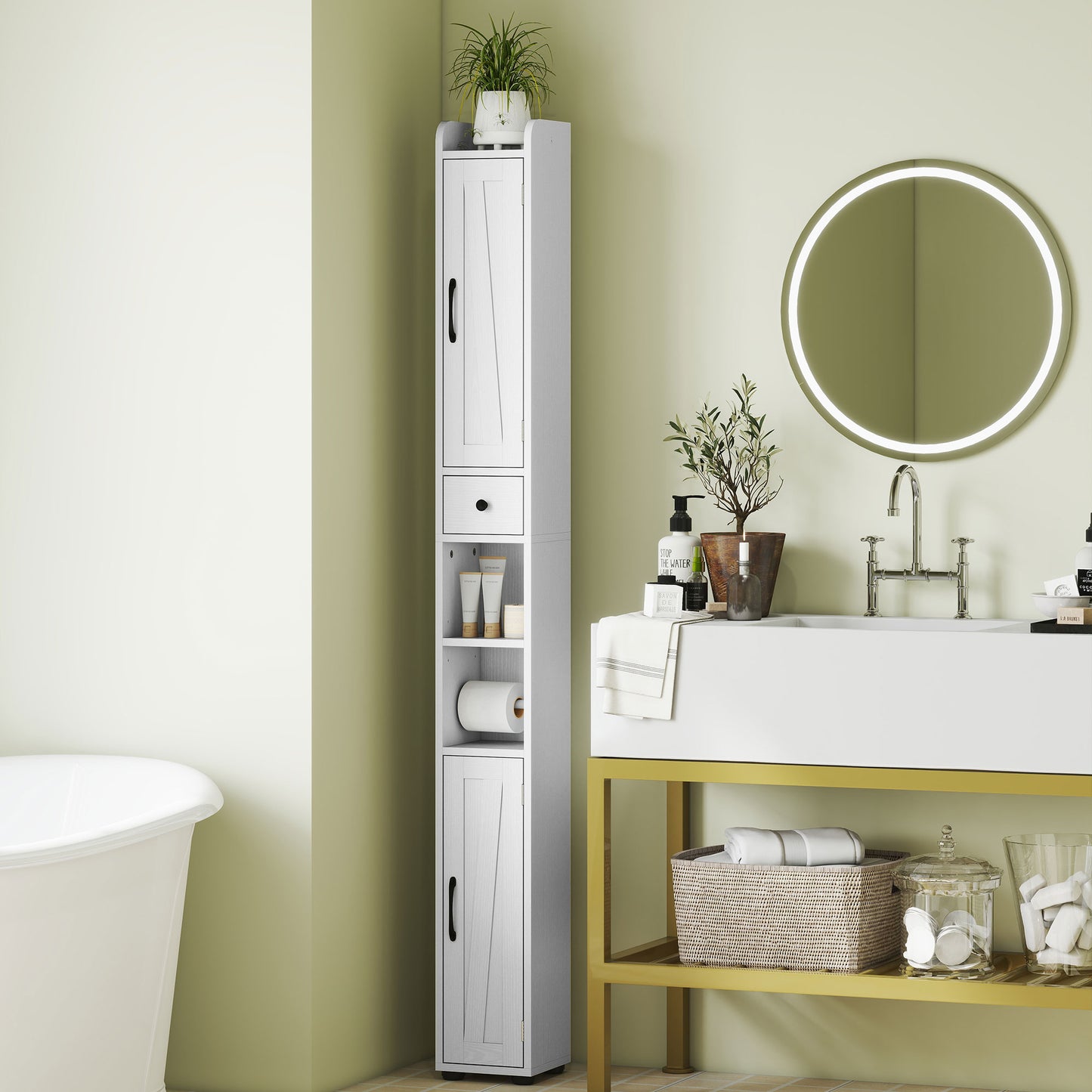 Minore Farmhouse Style Slim Bathroom Storage Cabinet With Barn Doors And Toilet Roll Holder White