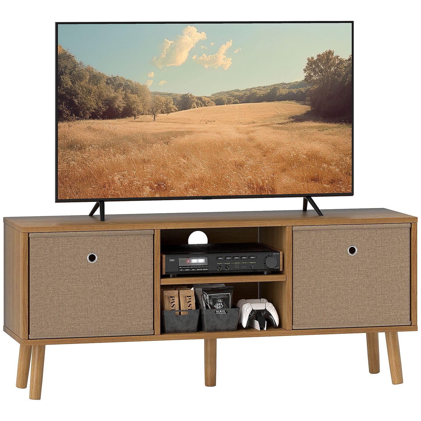 Linore 110cm Wooden Brown TV Storage Cabinet With Fabric Fold Down Drawers For Screens Up To 50 Inches