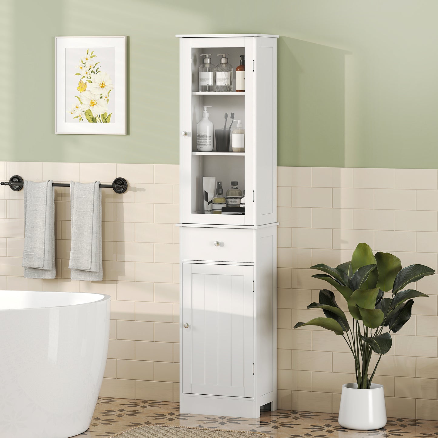 Ramila Tall Bathroom Storage Cabinet With Shelves Drawer And Door In White
