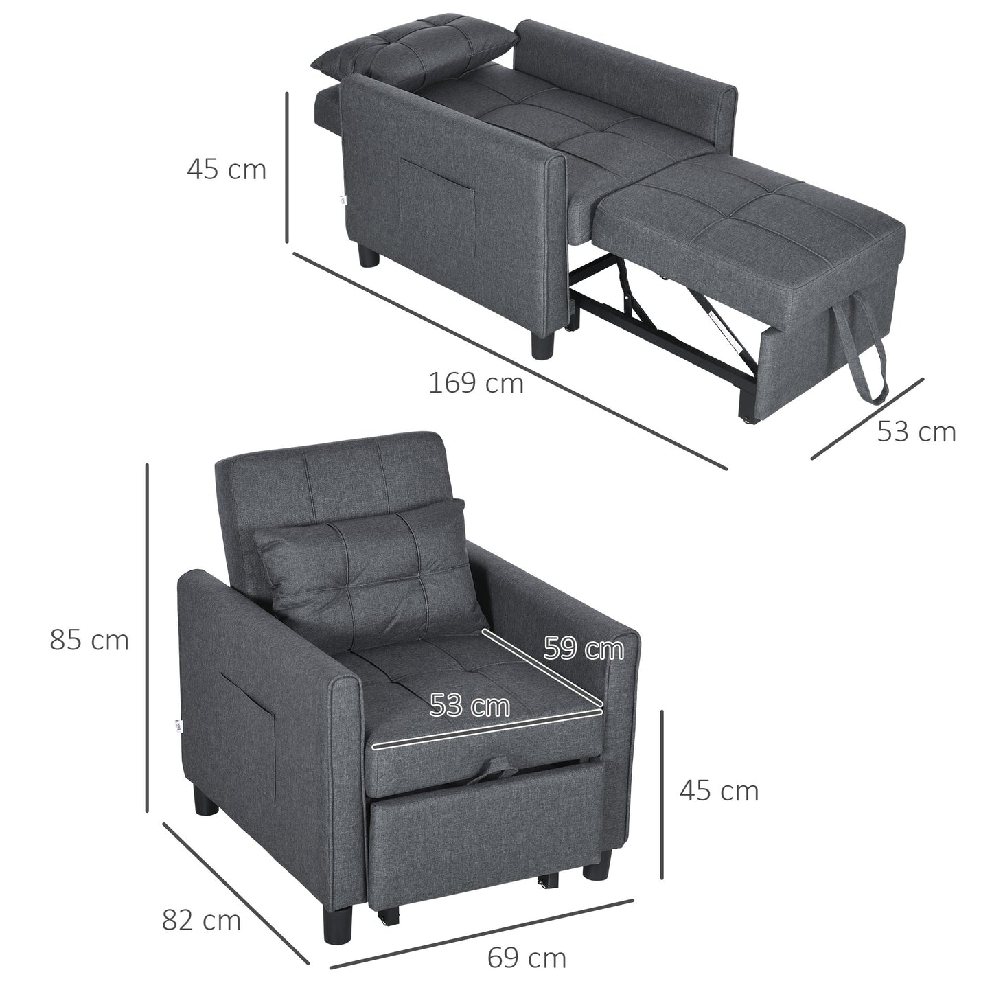Remina Linen Look Grey 3 In One Single Chair Bed