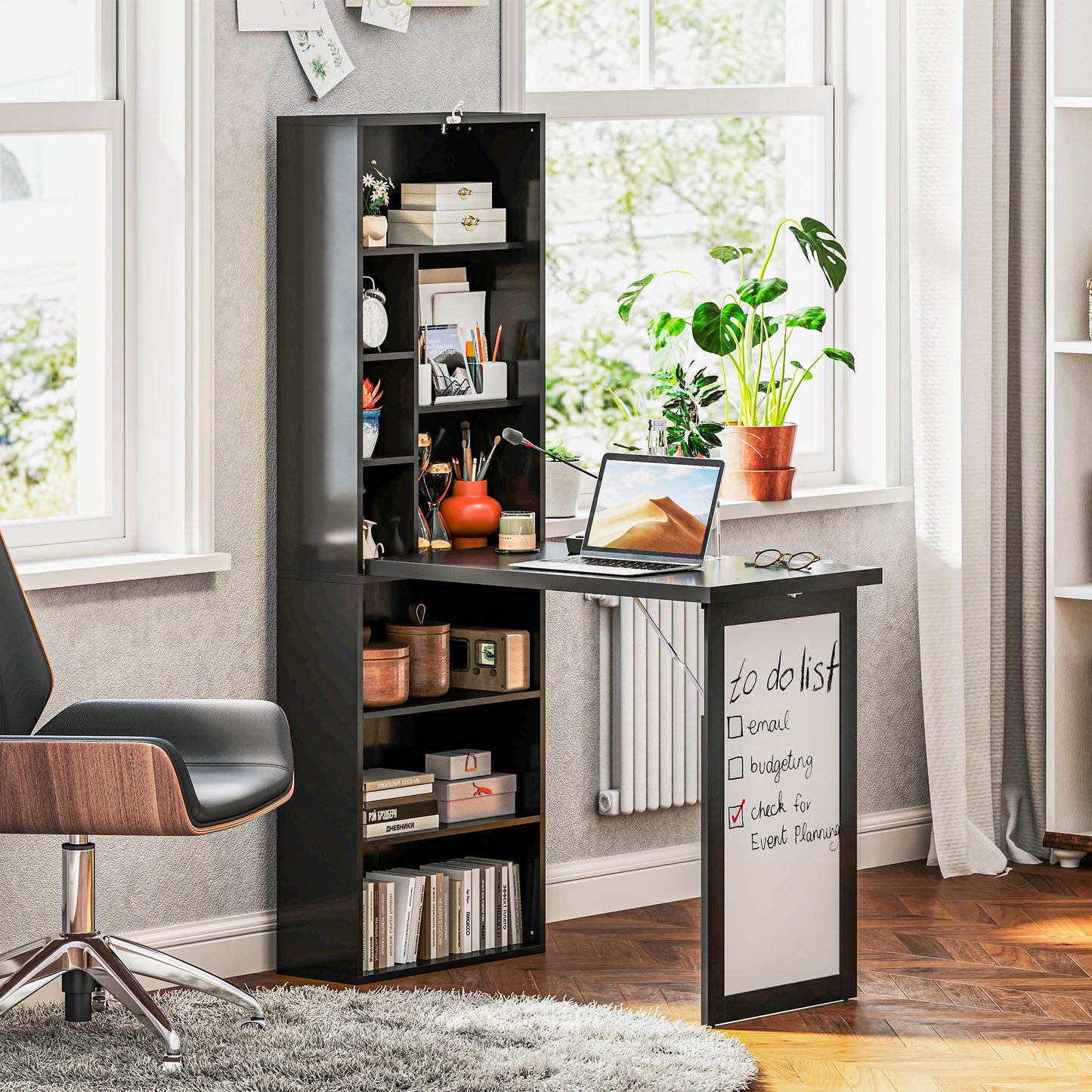 Elrika 98cm Black 3 Section Work Desk With Writing Board And Storage