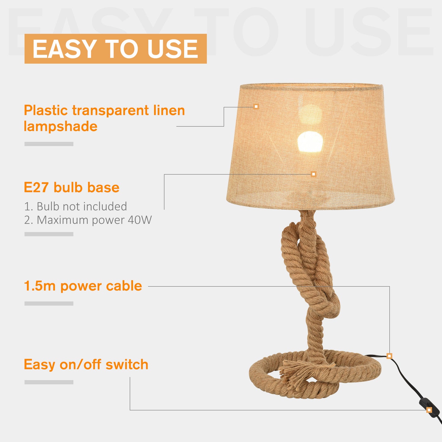Virepa Metal And Fabric Beige Nautical Style Table Lamp With Fabric Shade And Power Switch 48 cm