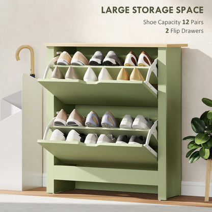 Wooden Green Slim Shoe Cabinet With 2 Flip Drawers For 12 Pairs