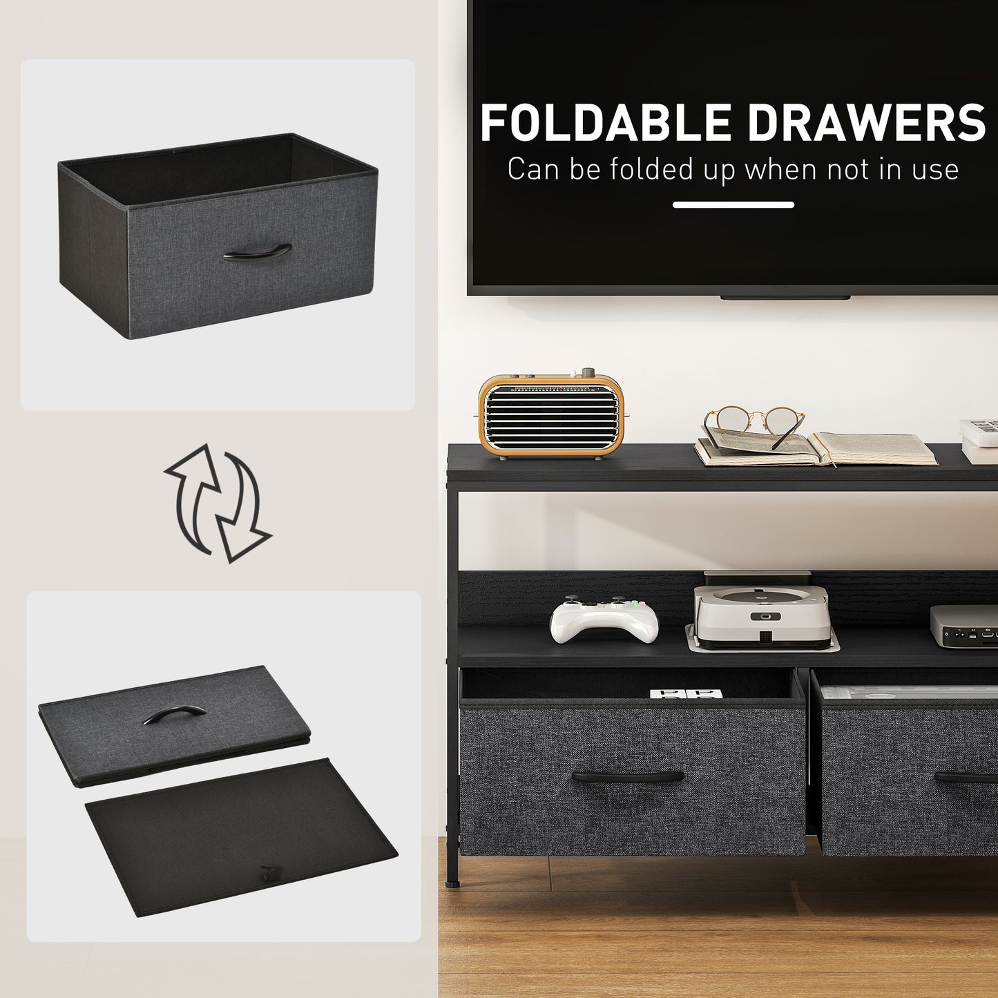 Avatera 98cm Black and Grey TV Storage Unit With 2 Fold Down Fabric Drawers