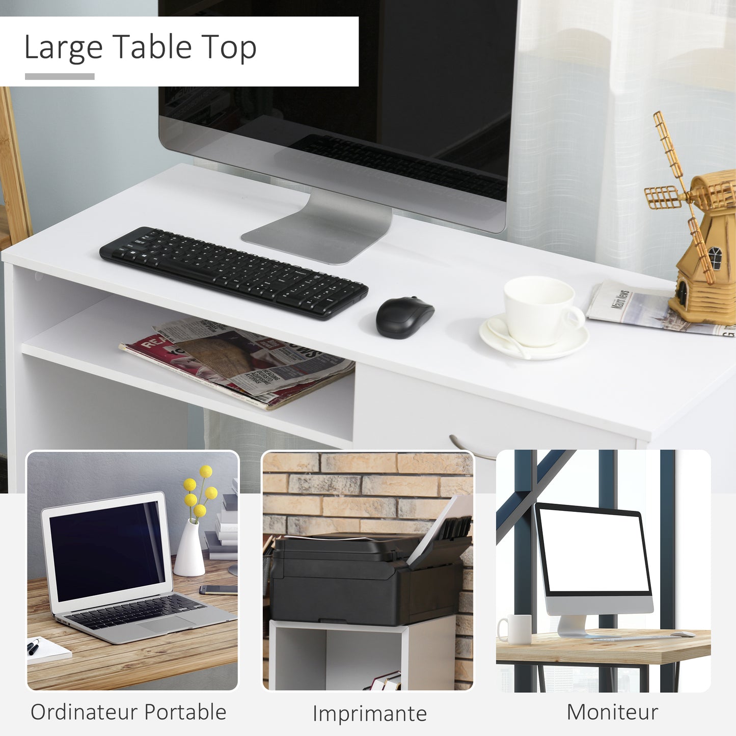 Haseva Wooden White Small Study Desk With Drawer And Storage Compartment