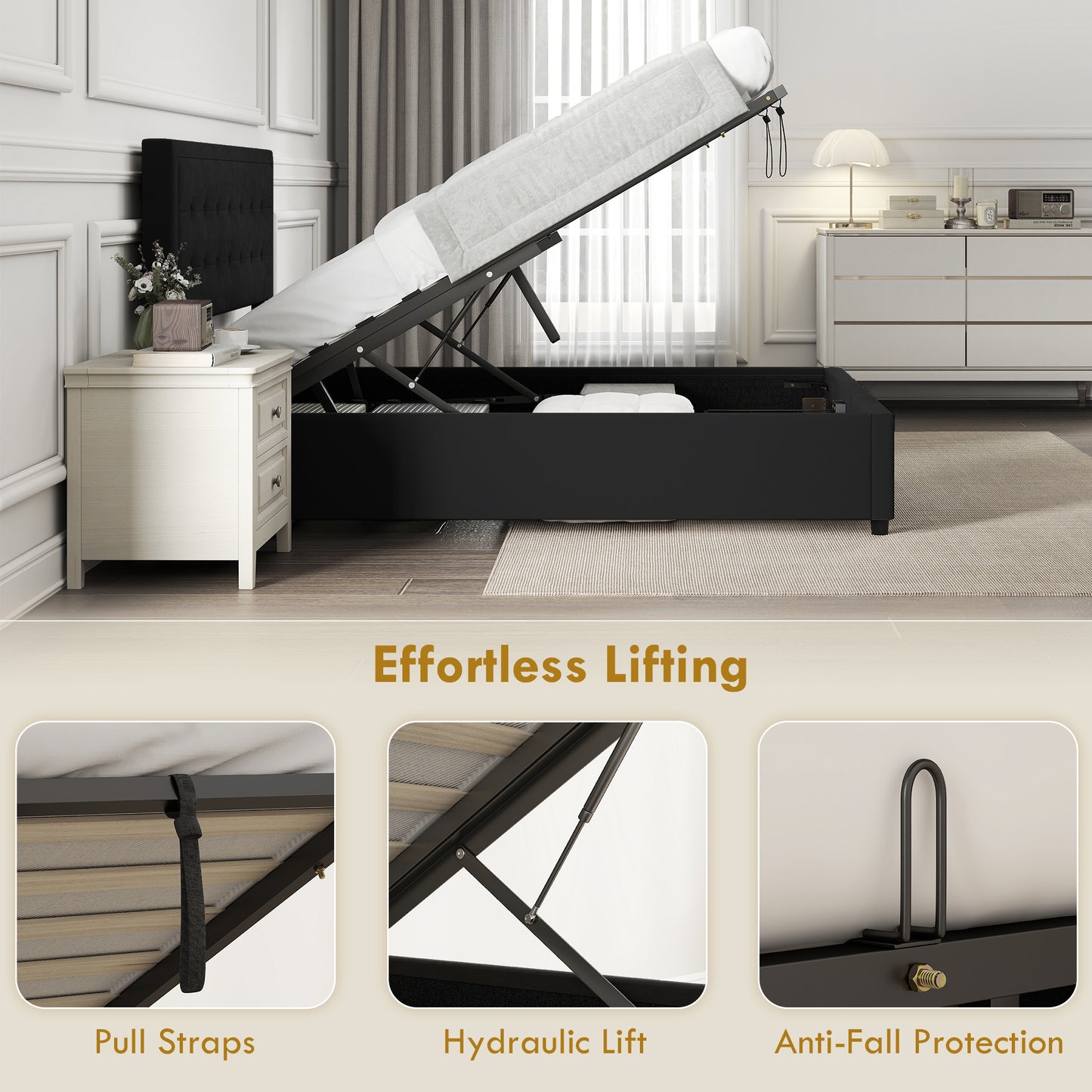 Mora 4FT6 Double Ottoman Bed Frame with Front Divan Drawer Storage Black