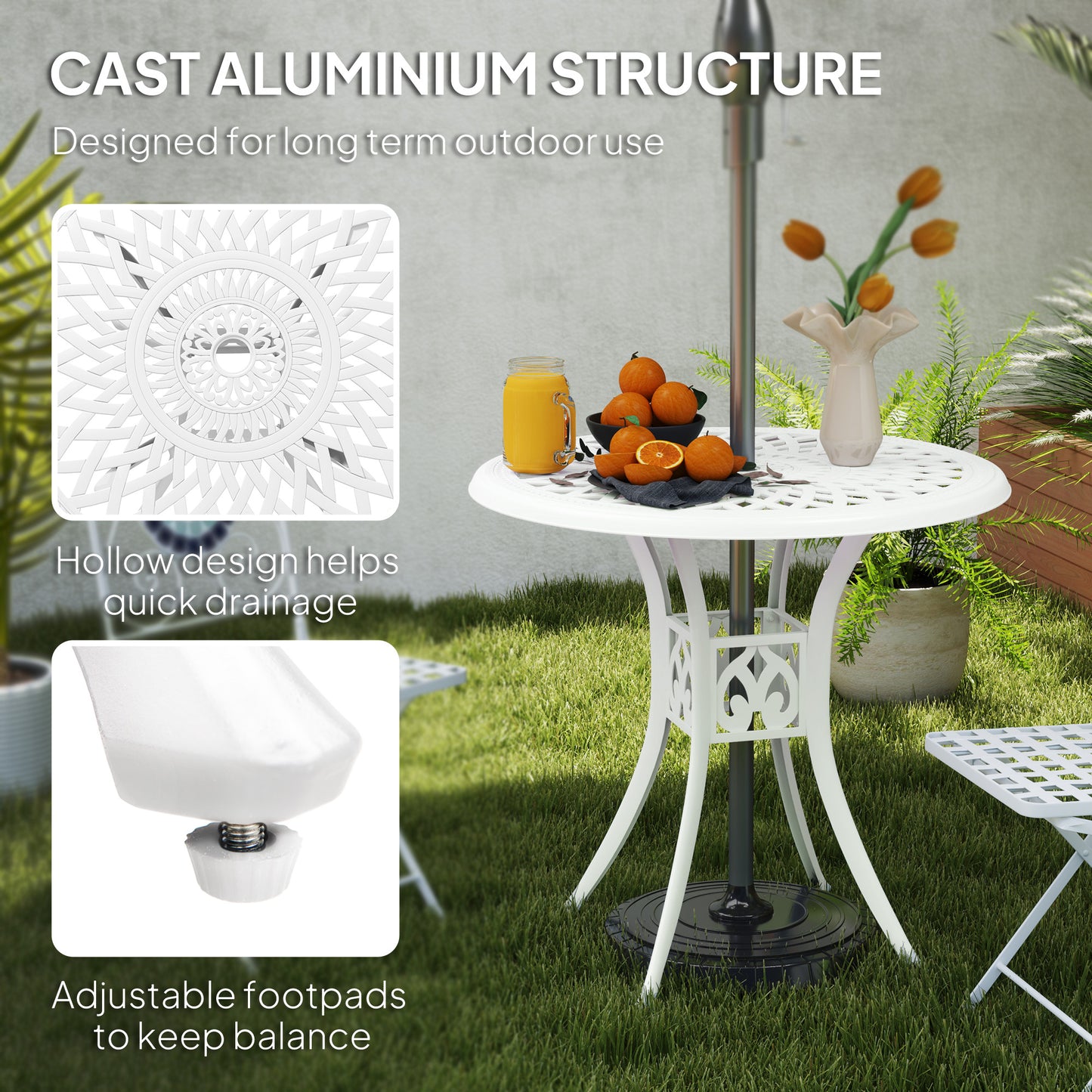 Kenofa Cast Aluminium White Round Garden Dining Table With Parasol Hole