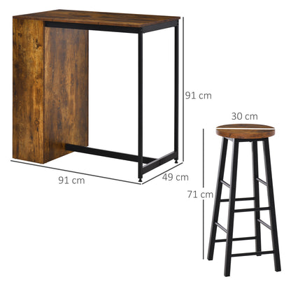 Vasori Metal And Wooden Industrial 3 Piece Bar Table Set With Storage Shelving