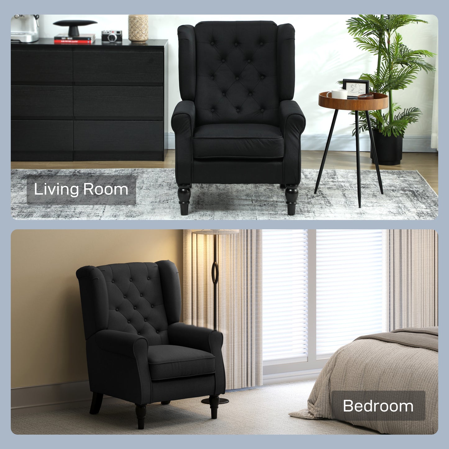 Royo Linen Black Retro Wingback Accent Armchair With Diamond Button Tufting