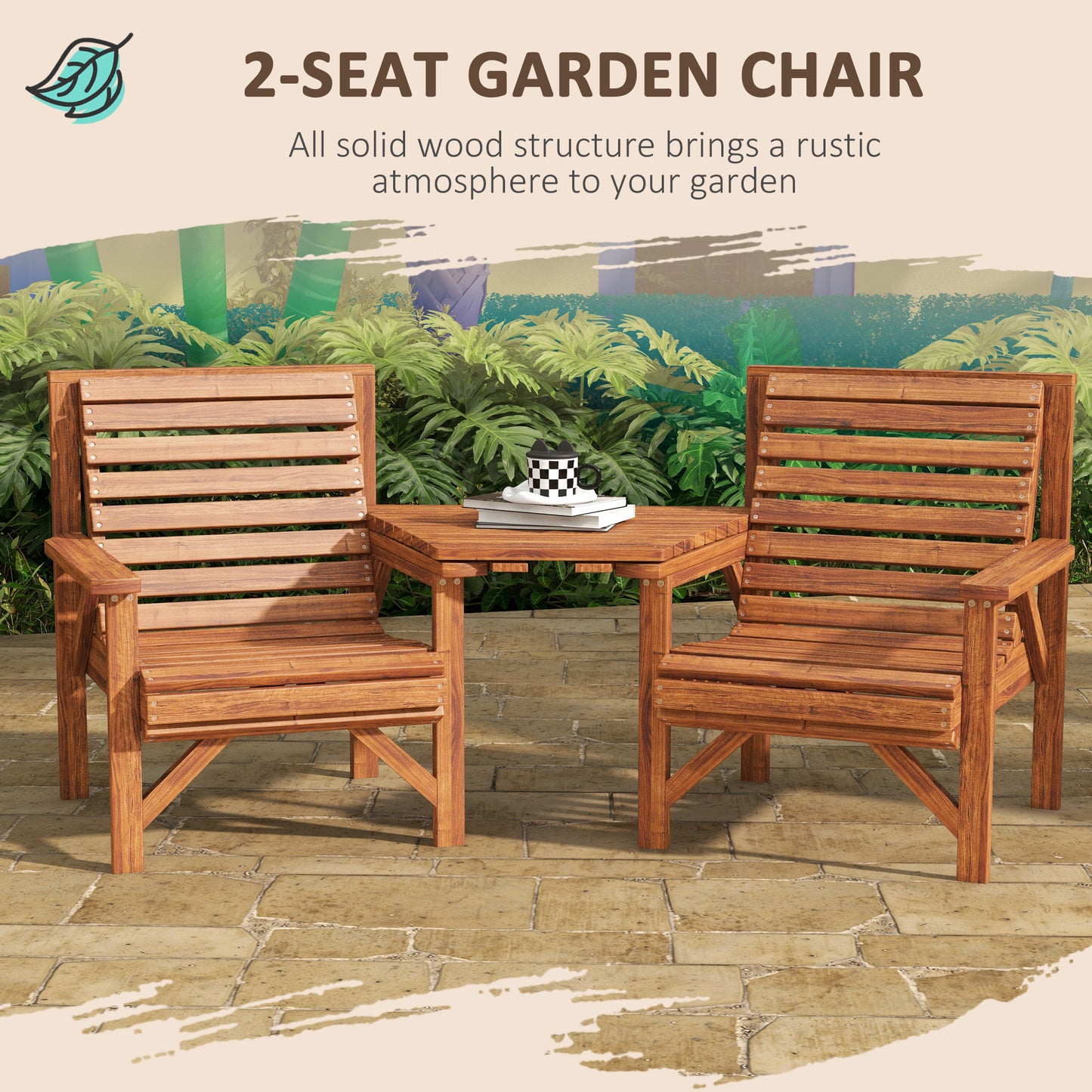 Topa Tan Brown Wood Garden Bistro Set Love Seat With Integrated Coffee Table And Parasol Hole