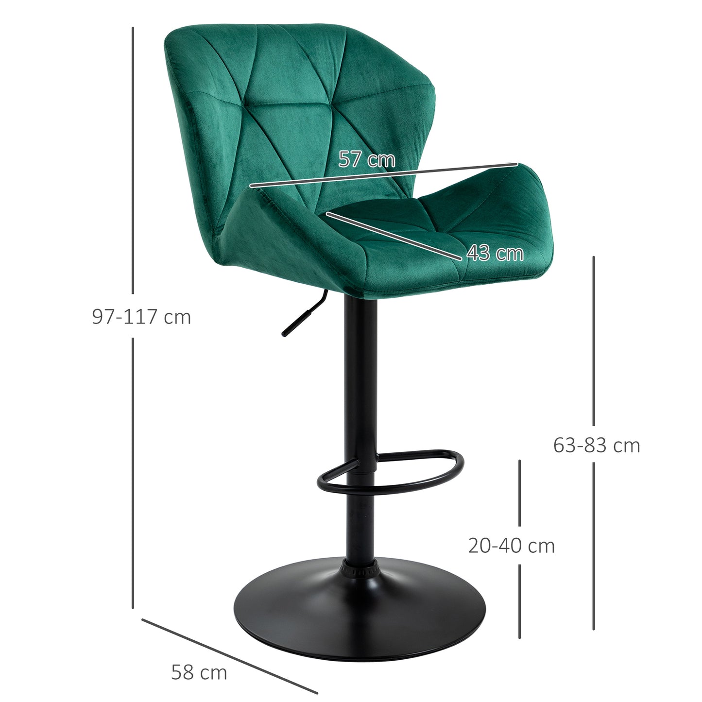 Somaveno Velvet Green Adjustable H8 Bar Stools Set Of 2 With Metal Base And Footrest