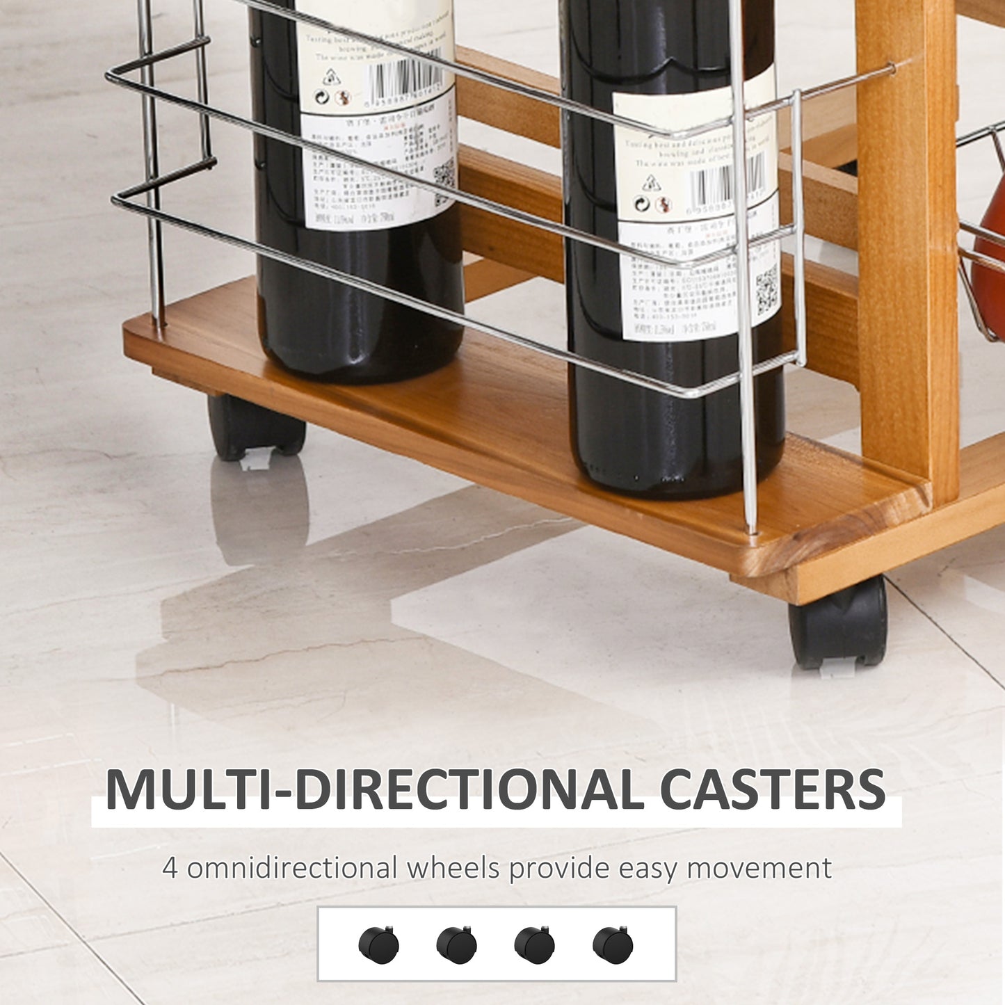 Domo Natural Wood Rolling Kitchen Cart With 4 Basket Drawers And Side Racks