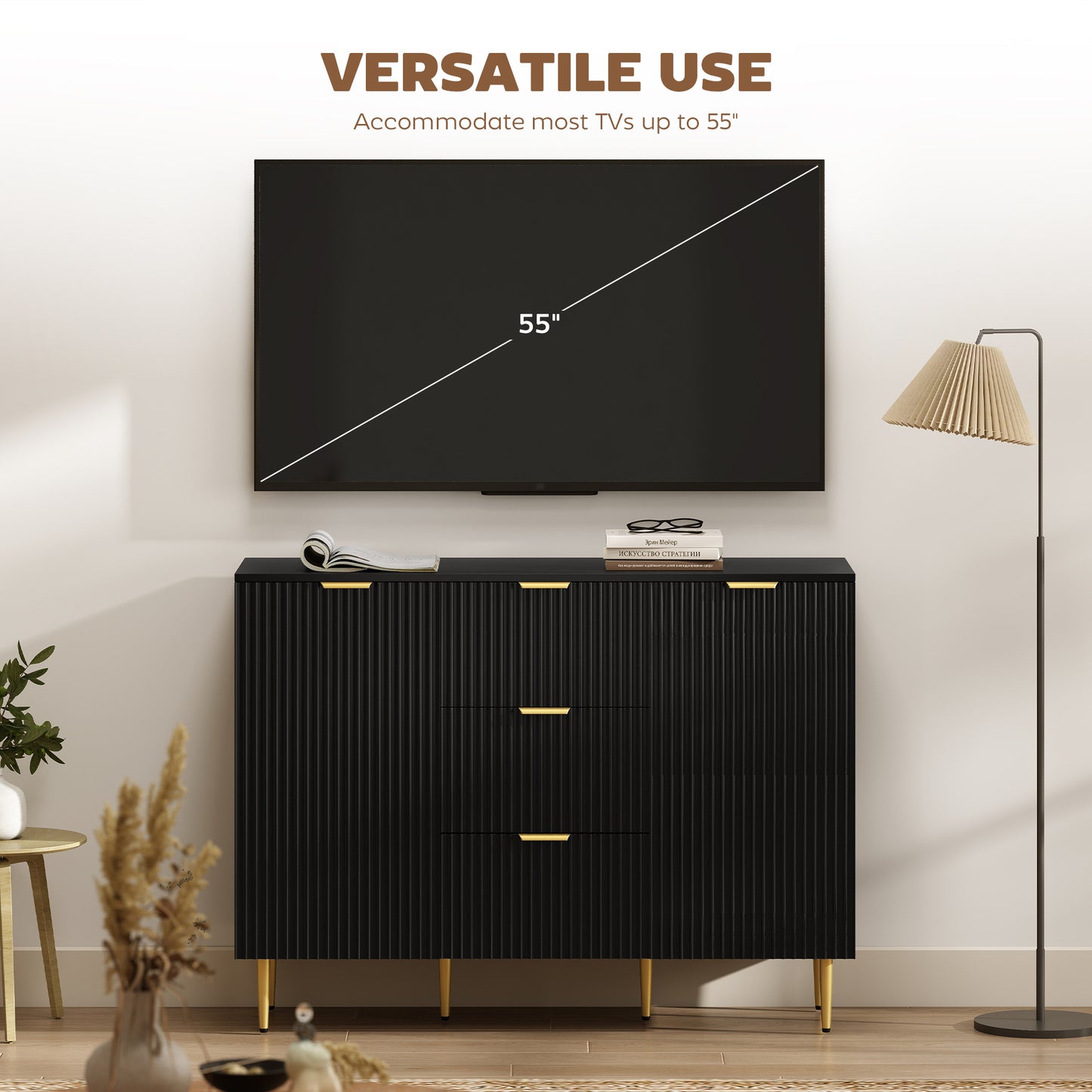 Surara Baro Black Ribbed 2 Door Sideboard 3 Drawers 2 Shelves Gold Accents