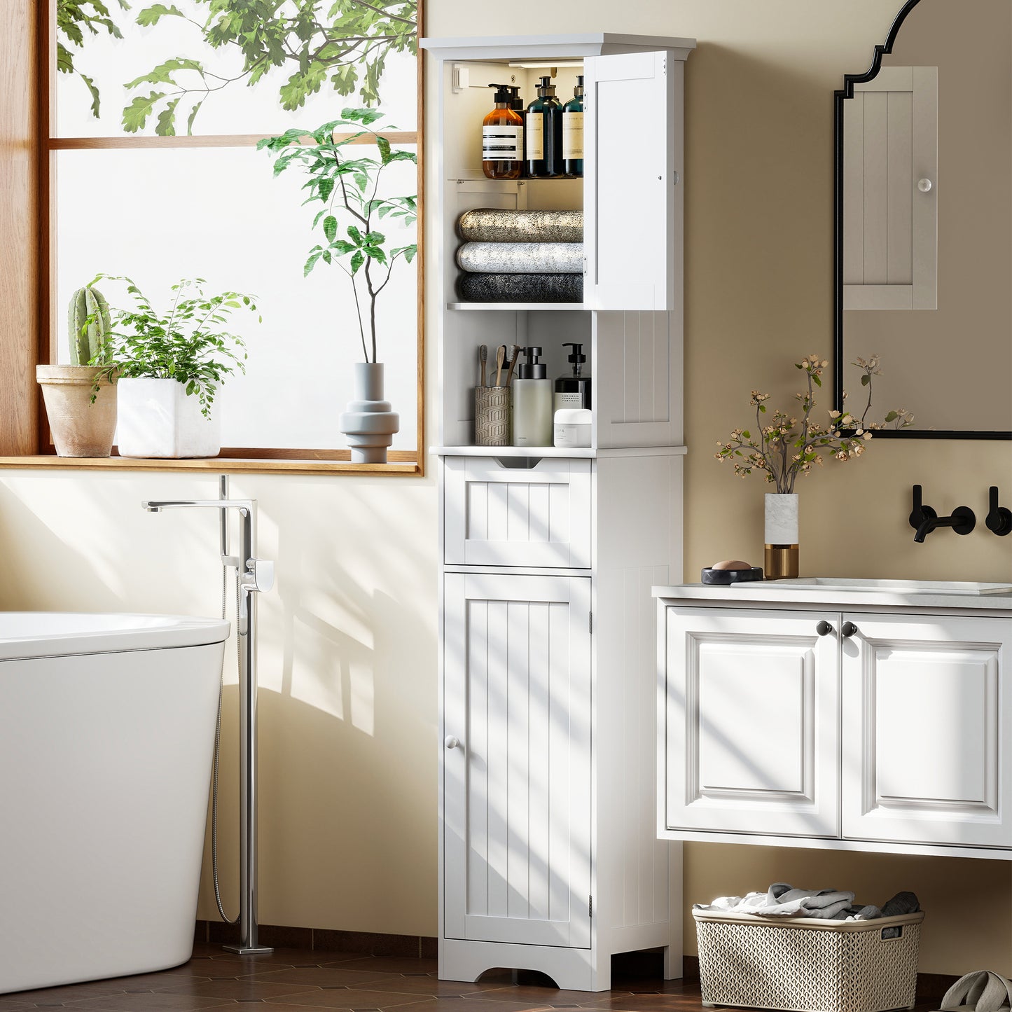 Morale Slim Bathroom Storage Cabinet With Integrated Sensor Lighting White