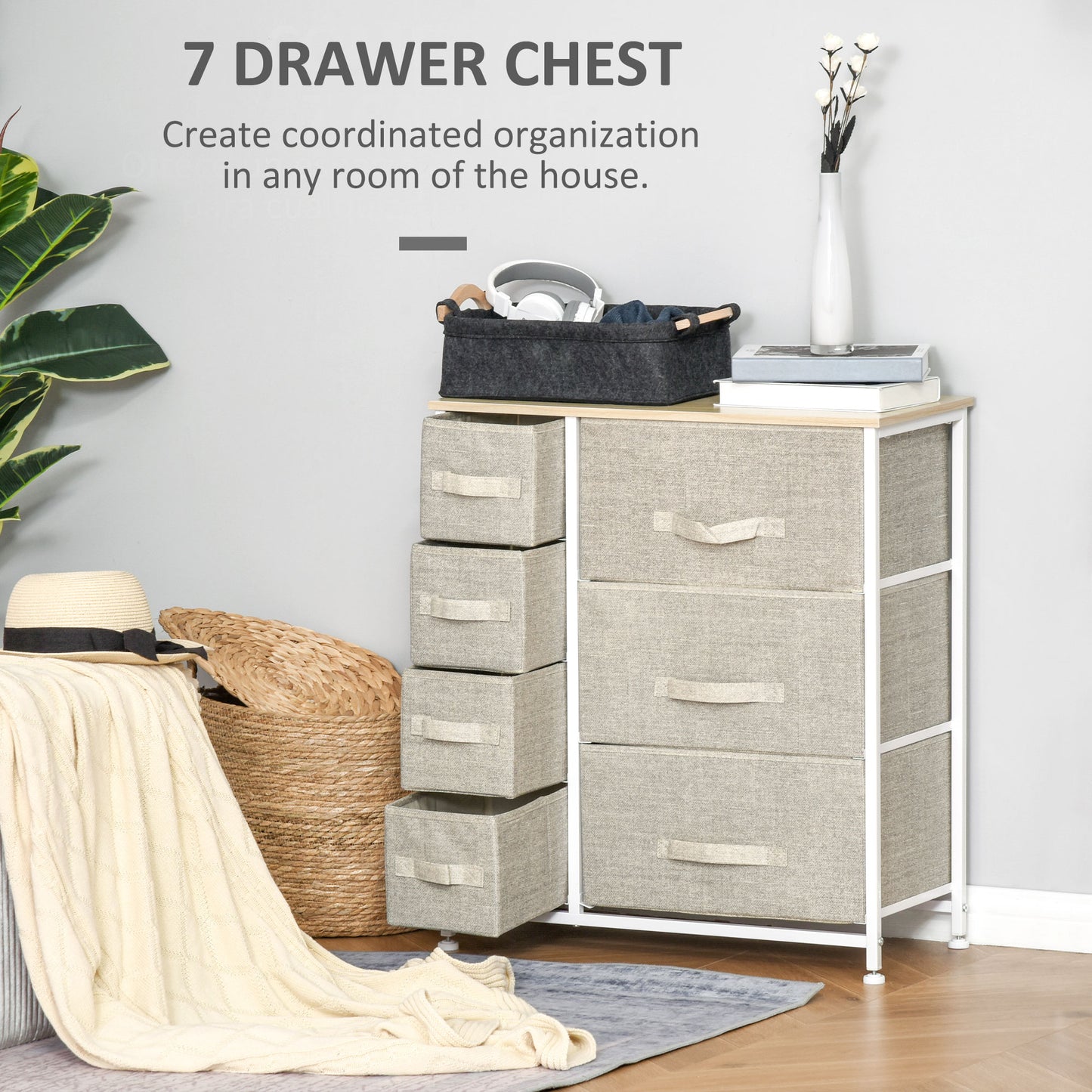 Lireta White Metal And Grey Fabric 7 Drawer Storage Chest with Natural Wooden Top