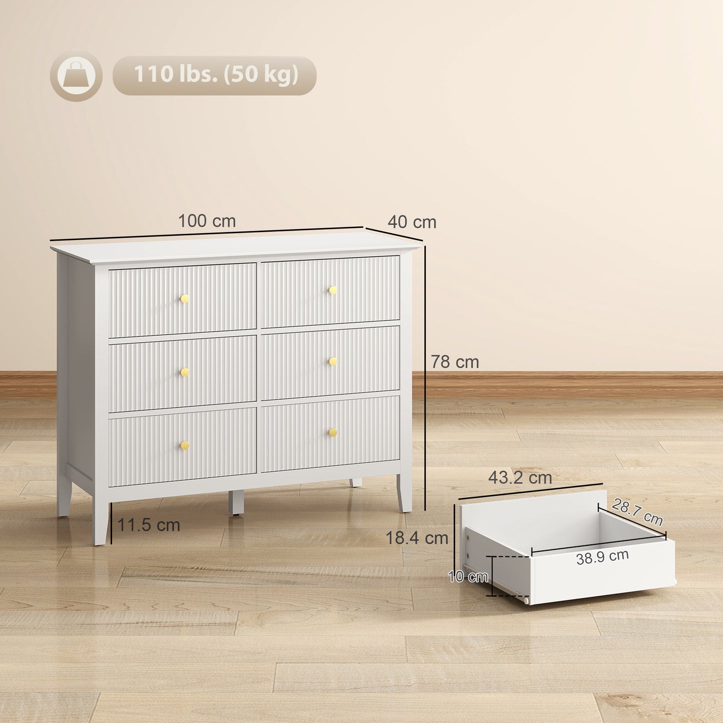 Lezi Wooden White 6 Drawer Fluted Storage Dresser