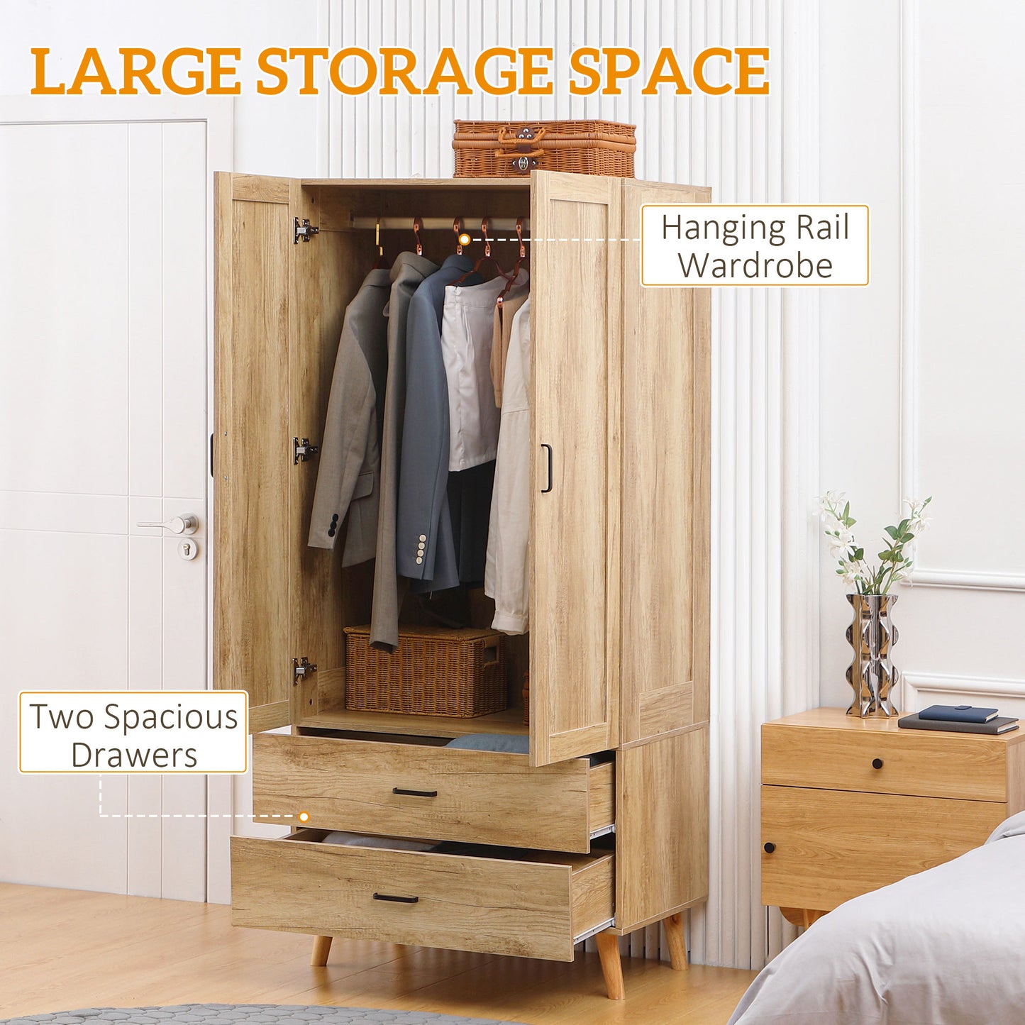 Corasoro Natural Wood Finish 2 Door Modern Wardrobe With 2 Drawers And Hanging Rail