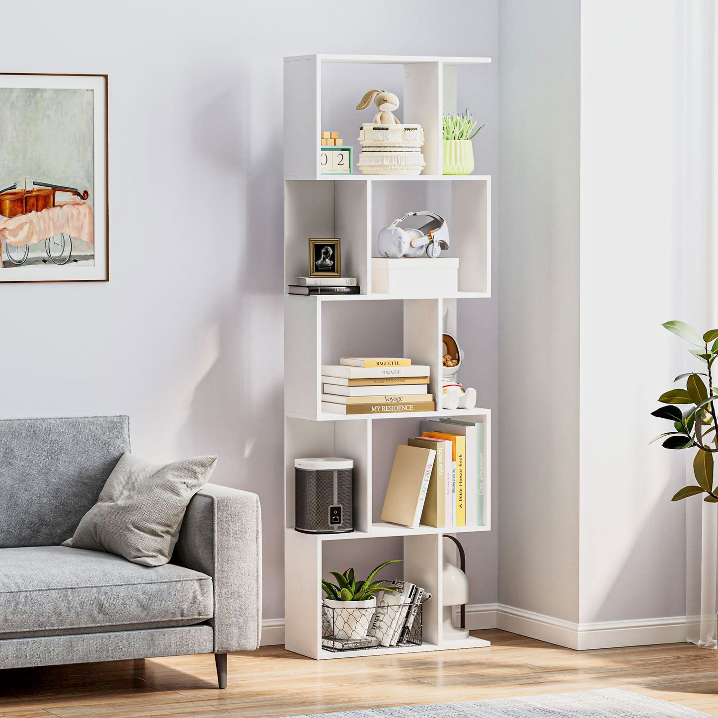 Matosu Wood White 5 Tier S ShaFauxd Freestanding Bookcase Display Unit