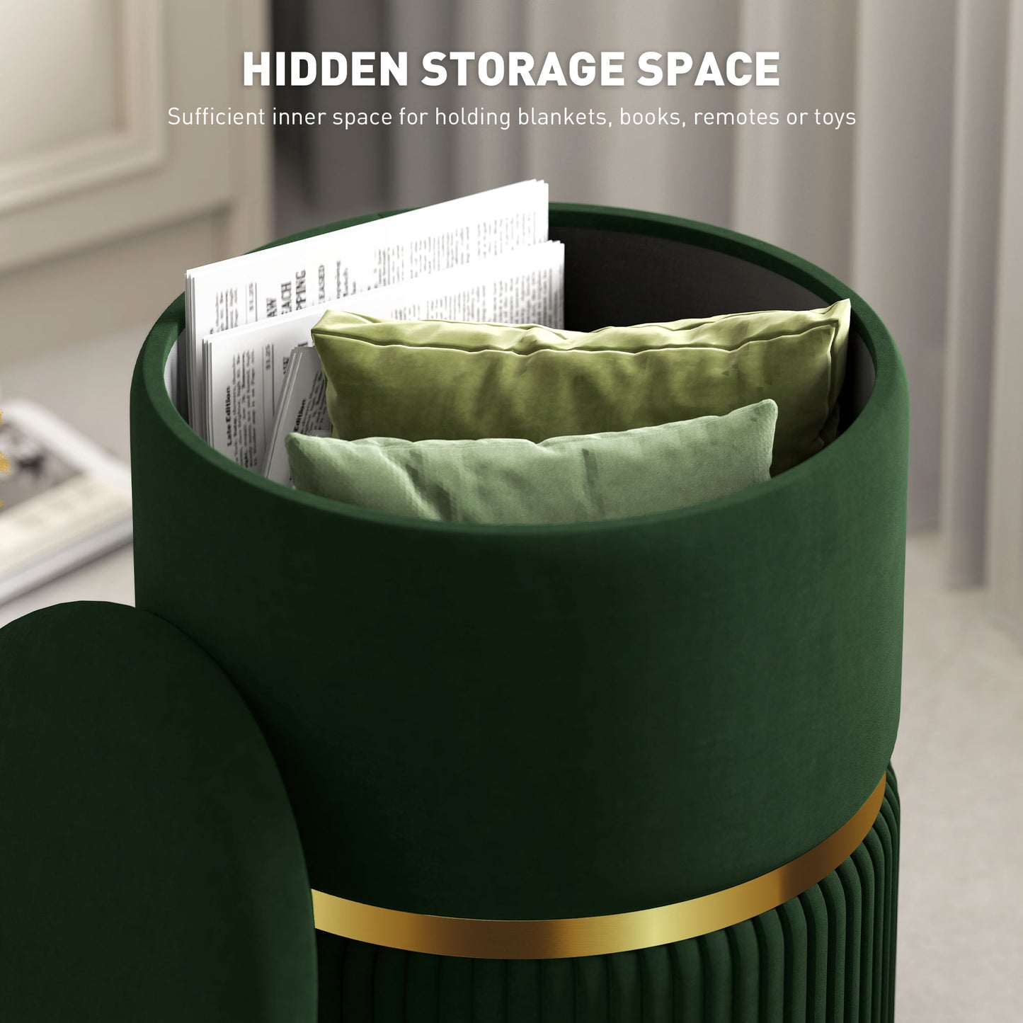 Rapa Etched Velvet Green Storage Ottoman With Gold Detail