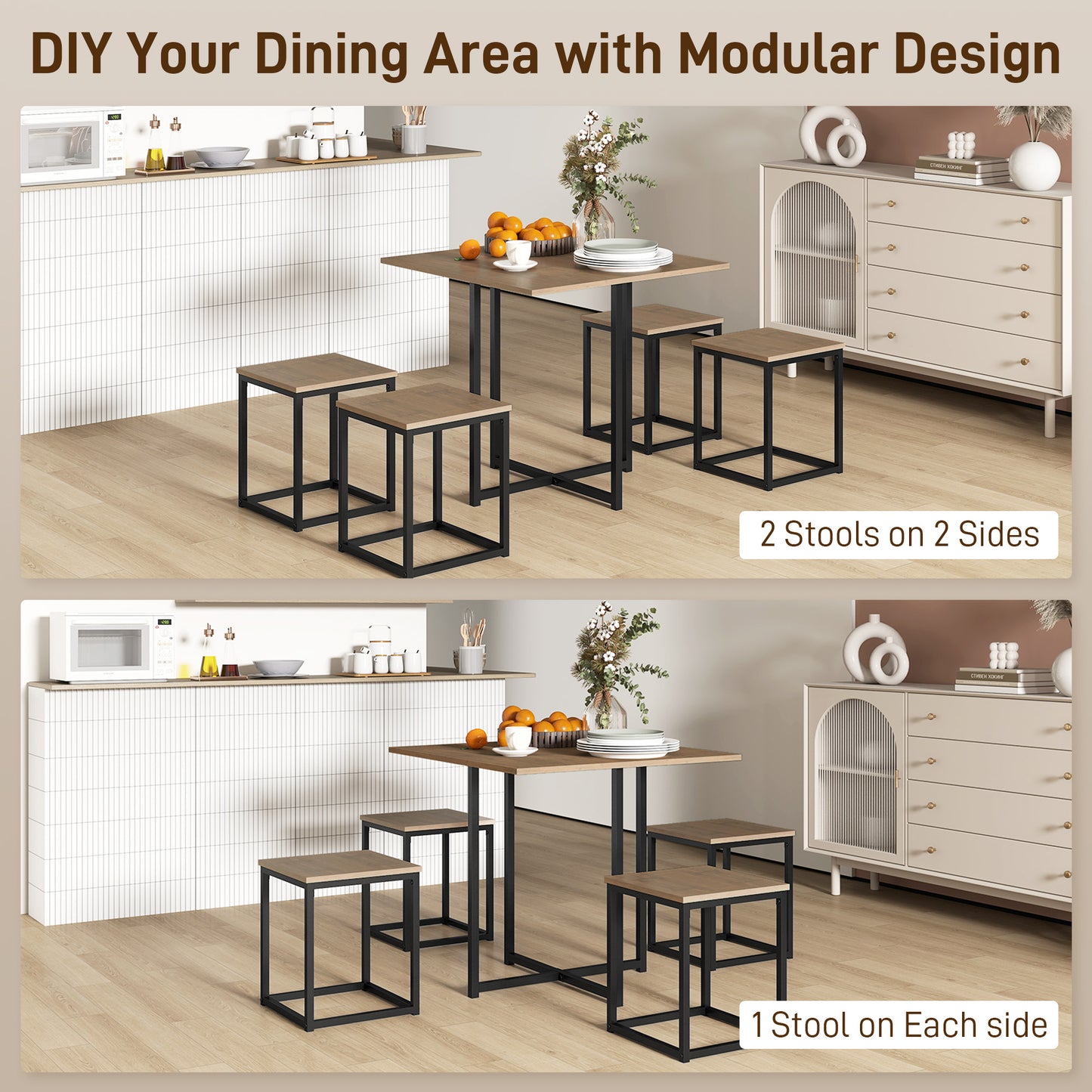Sajonia Metal And Wooden Brown 5 Piece Industrial Dining Table And Stool Set