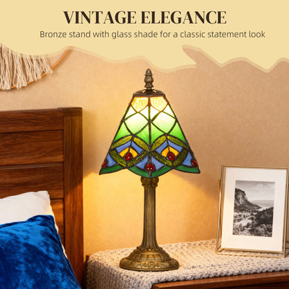 Mamavi Glass And Metal Green Tiffany Style Table Lamp With Geometric Stained Design