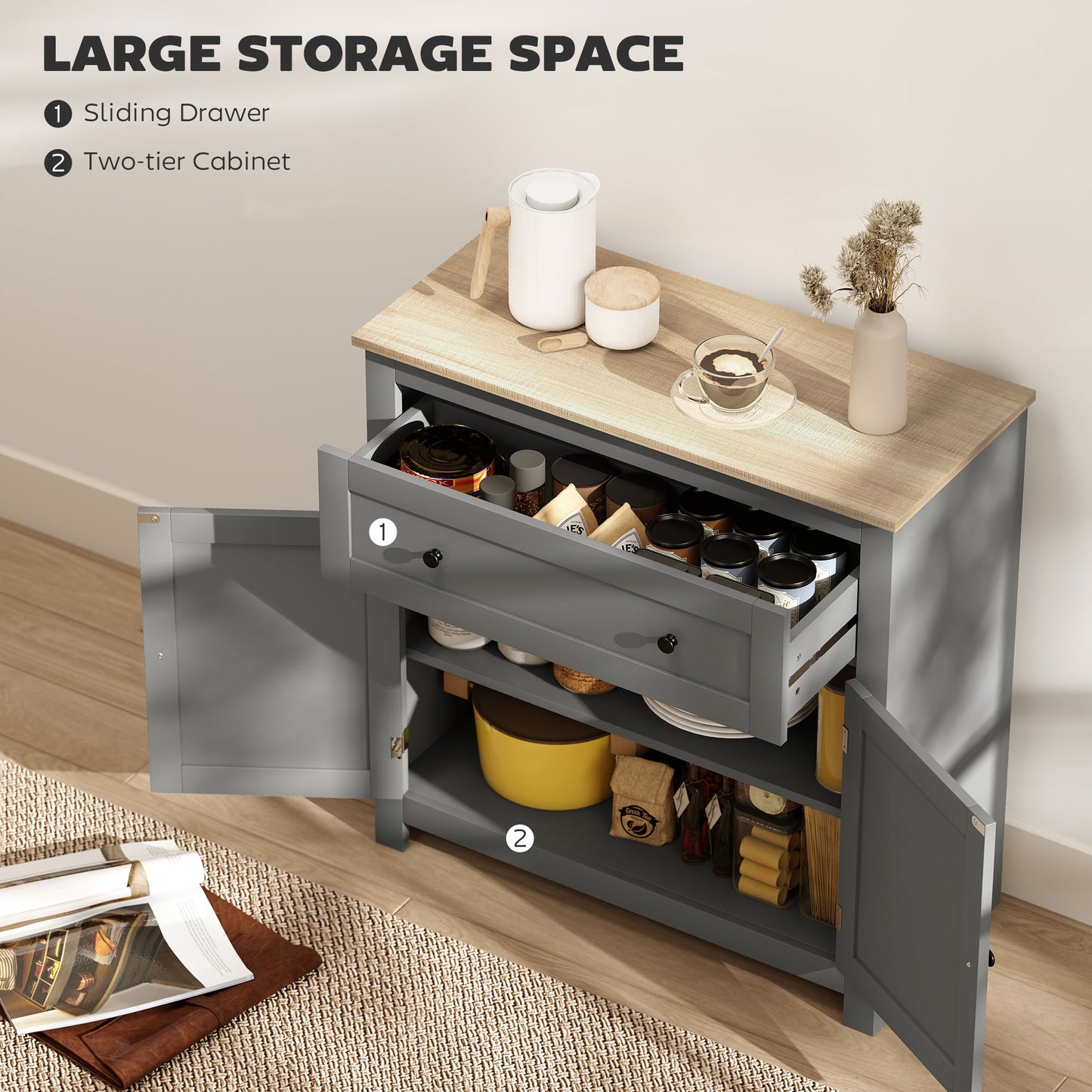 Venisa Grey Modern Sideboard With Drawer Storage Double Doors And Drawer