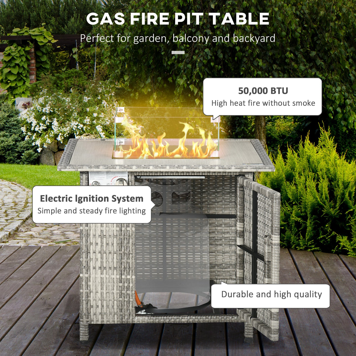Hara Luri Grey Rattan Square Outdoor Gas Fire Pit Table