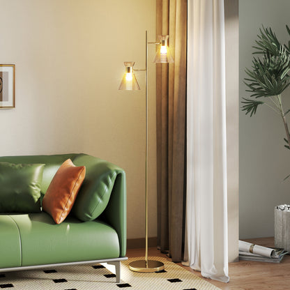 Luno Metal Gold Tone Dual Head Floor Lamp With Ribbed Glass Shades And Foot Switch