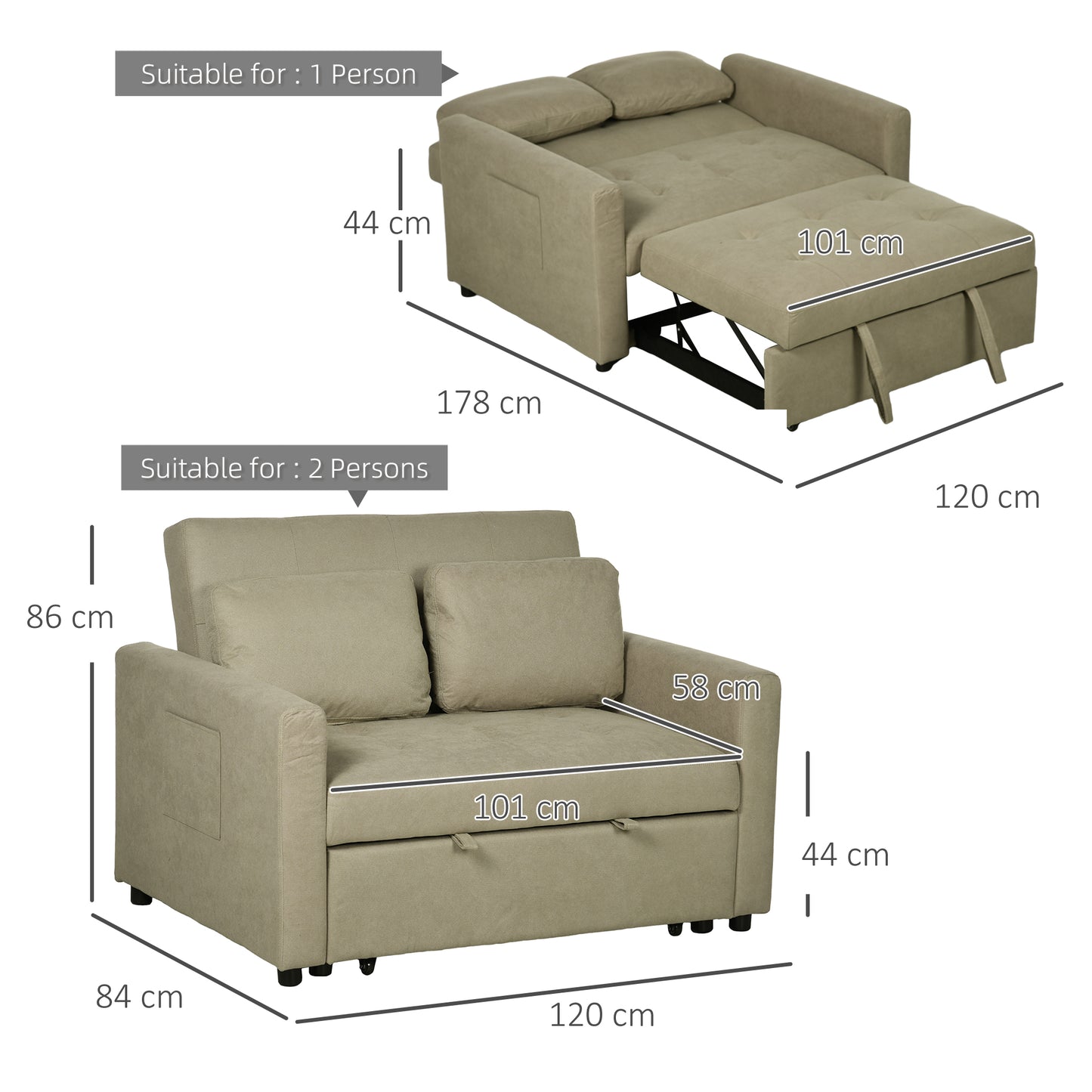 Venido Loni Beige Fabric 2 Seater Sofa Bed With Side Pockets And Cushions