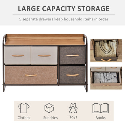 Zini Brown 5 Linen Drawers Dresser With Steel Frame And Wood Top
