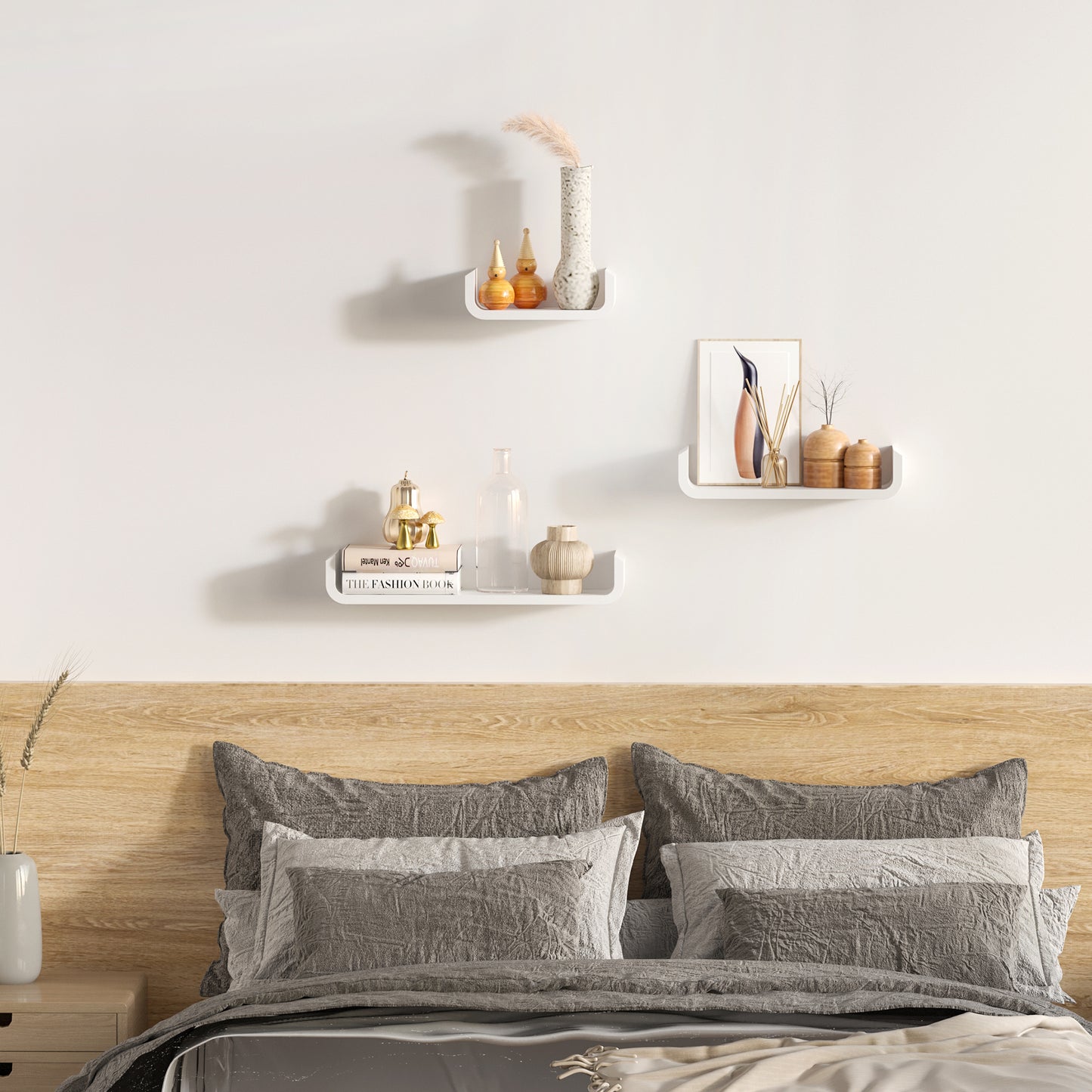 Rasudi Wood White Set Of 3 Floating Wall Shelves With Hidden Mounting