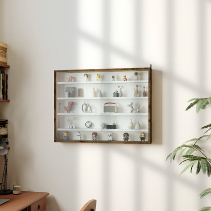 Fitora Wood And Glass Rustic Brown 5 Tier Wall Display Cabinet With Adjustable Shelves 60 x 80 cm