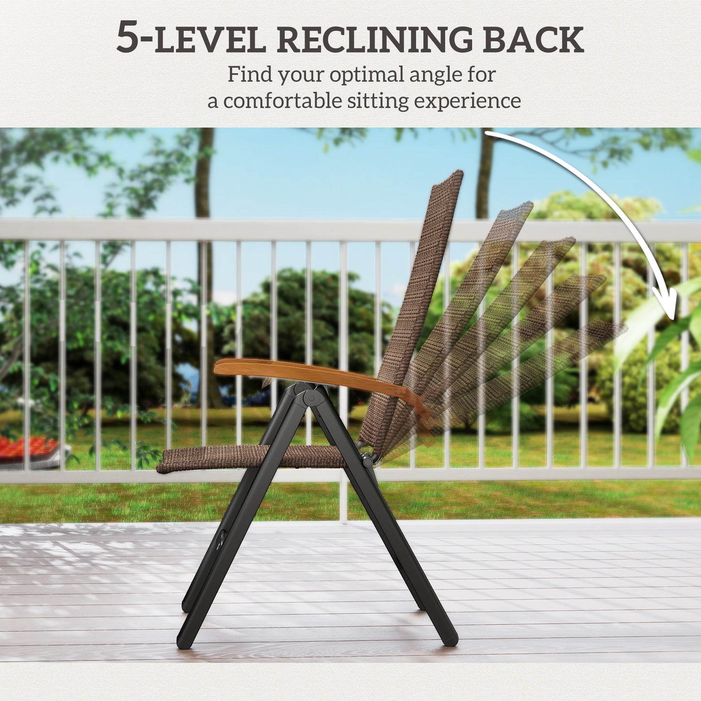 Nabaha Veel Rattan Brown Folding Garden Dining Chairs Set Of 2 With 5 Position Recline And Wood Armrests