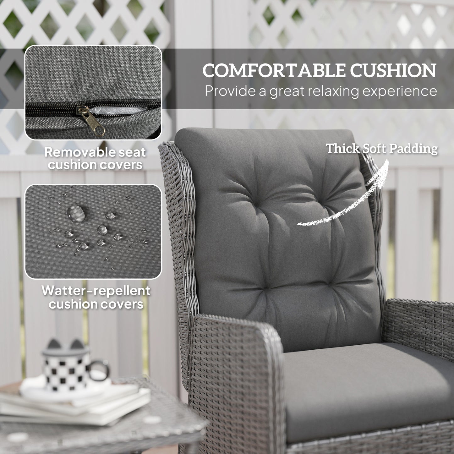 Kenolo Rattan Light Grey 5 Piece Reclining Bistro Furniture Set with Tufted Cushions Glass Top Table and Footstools