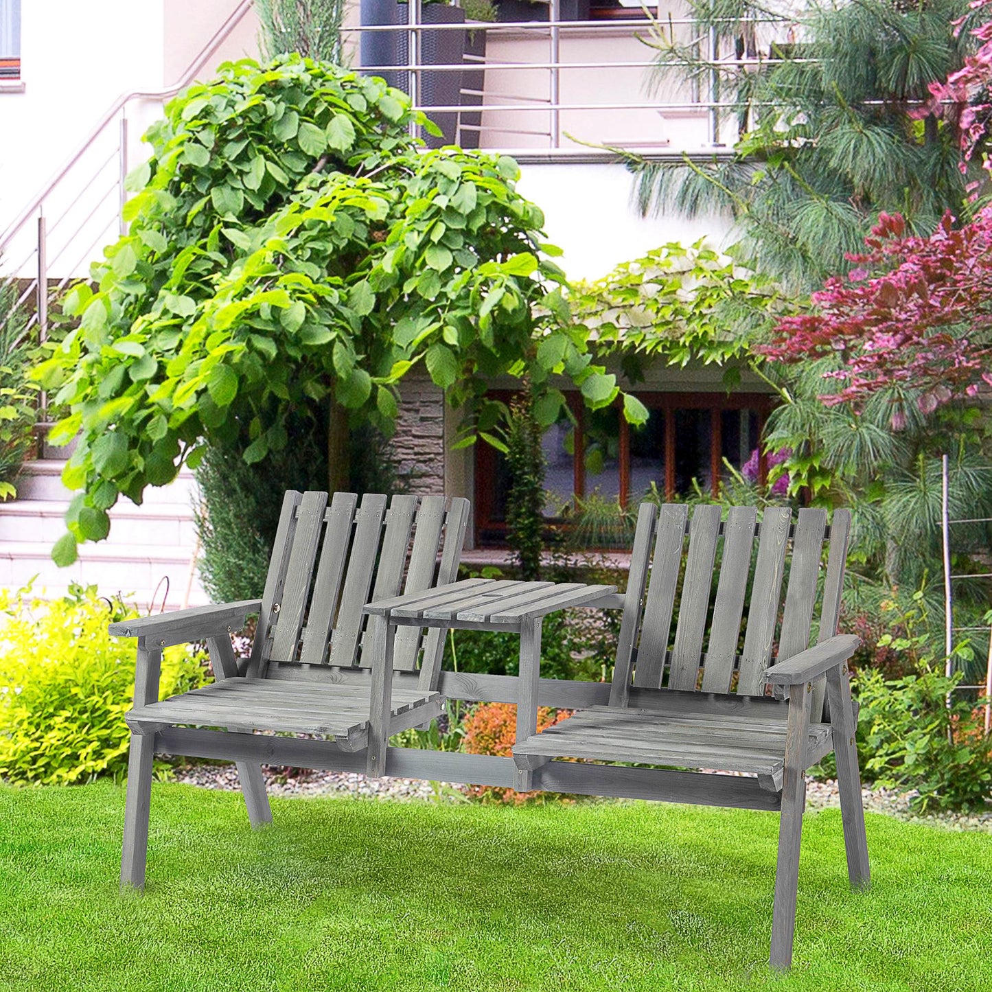 Sasumi Grey Wooden 2 Seater Slatted Bistro Set with Integrated Table