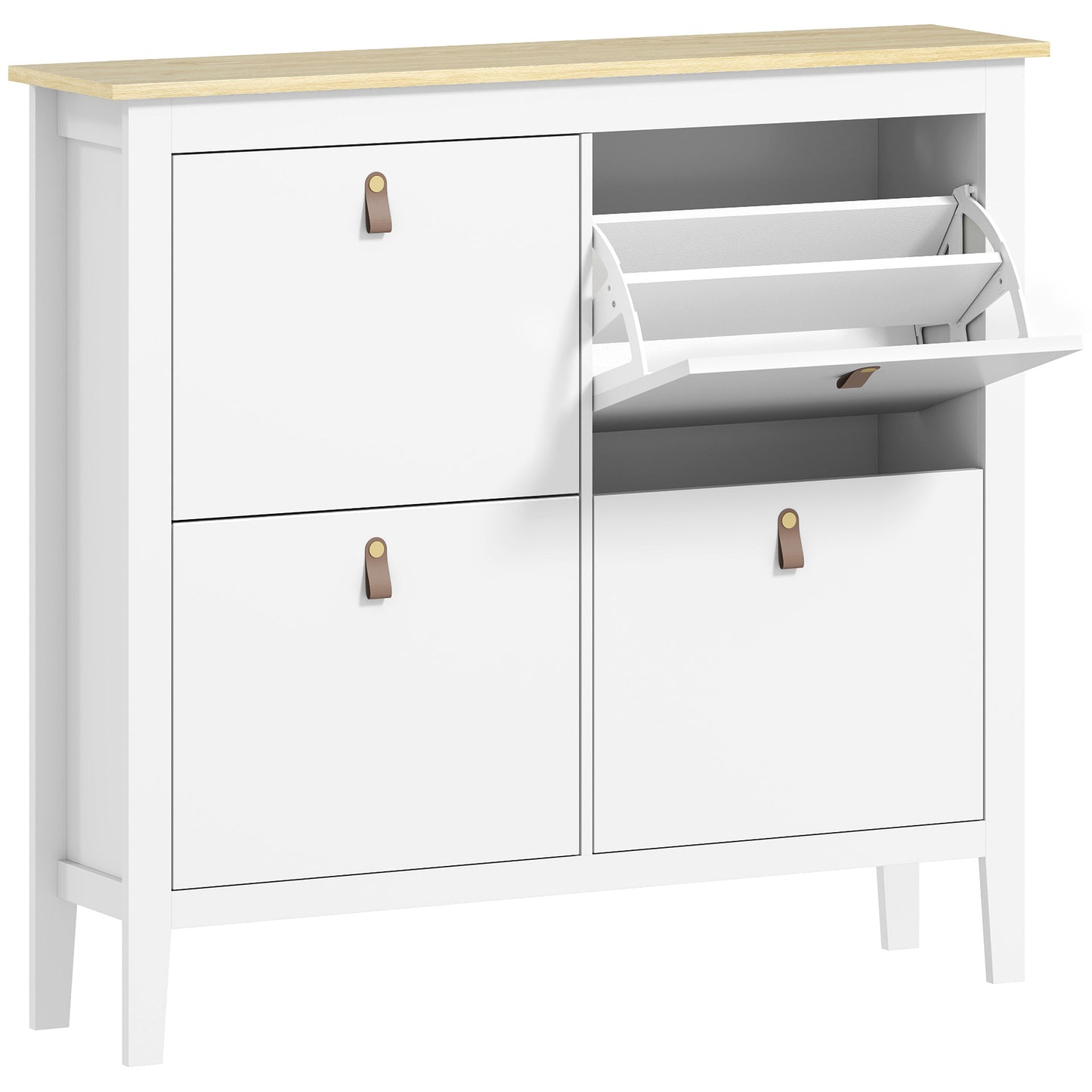 Milese Wooden White and Natural Modern 4 Drawer Shoe Cabinet Faux Leather Handles