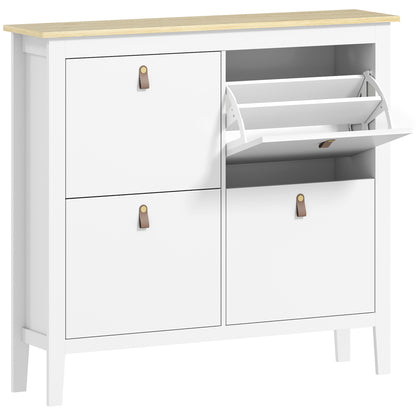 Milese Wooden White and Natural Modern 4 Drawer Shoe Cabinet Faux Leather Handles