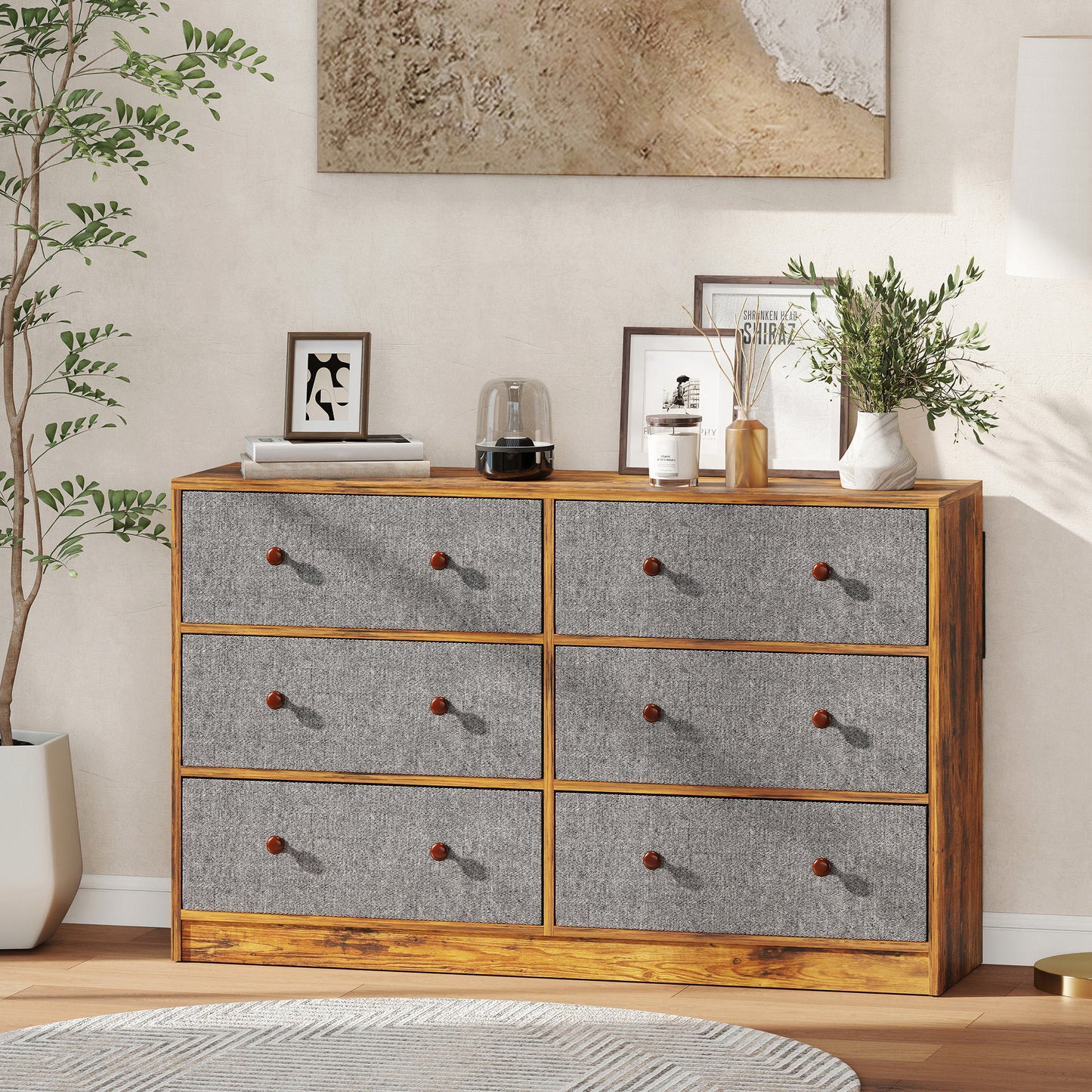Sanovi Fabric And Wood Grey And Rustic Brown 6 Drawer Storage Dresser