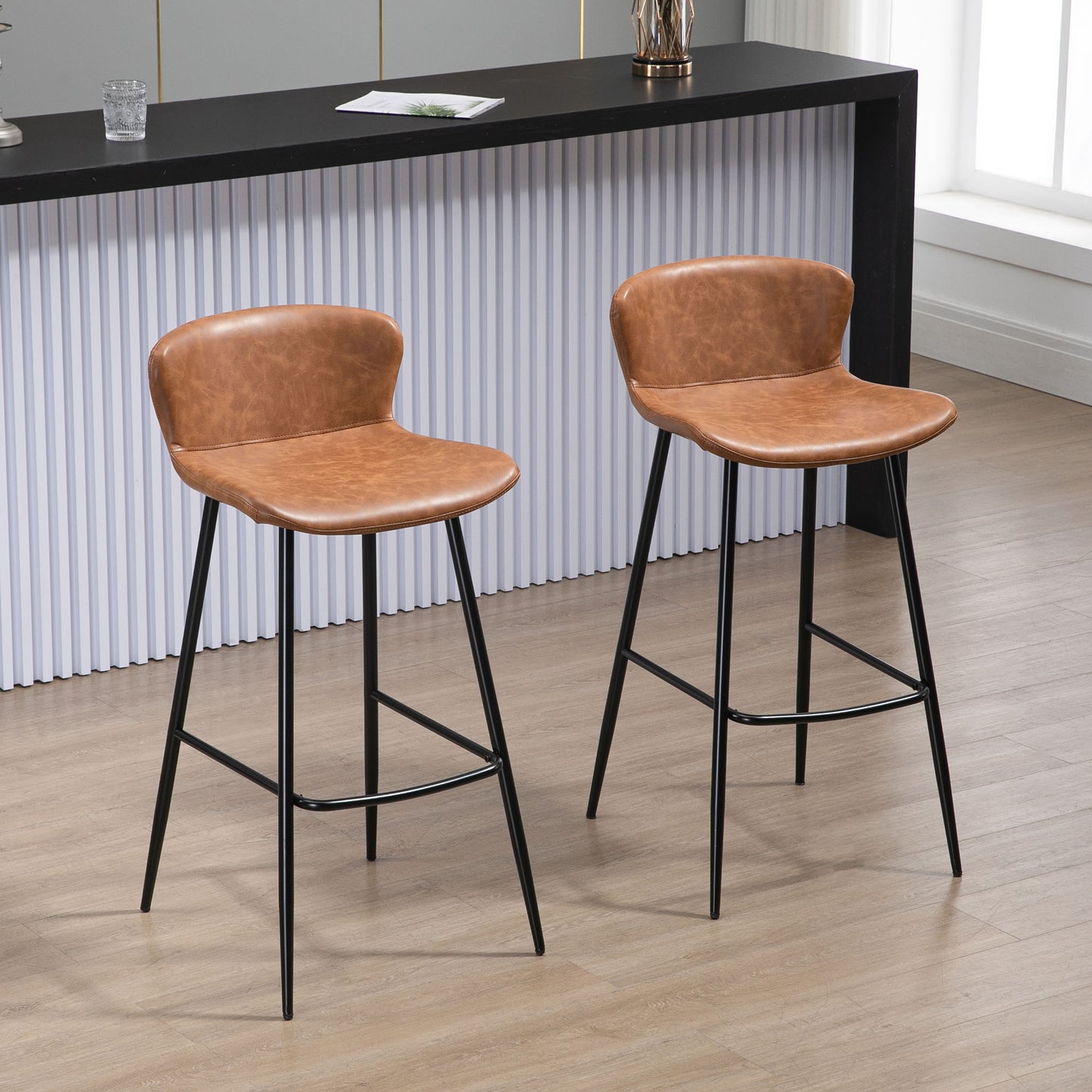 Lorelu Faux Leather Brown Upholstered Bar Chairs Set Of 2 With Steel Legs And Footrest
