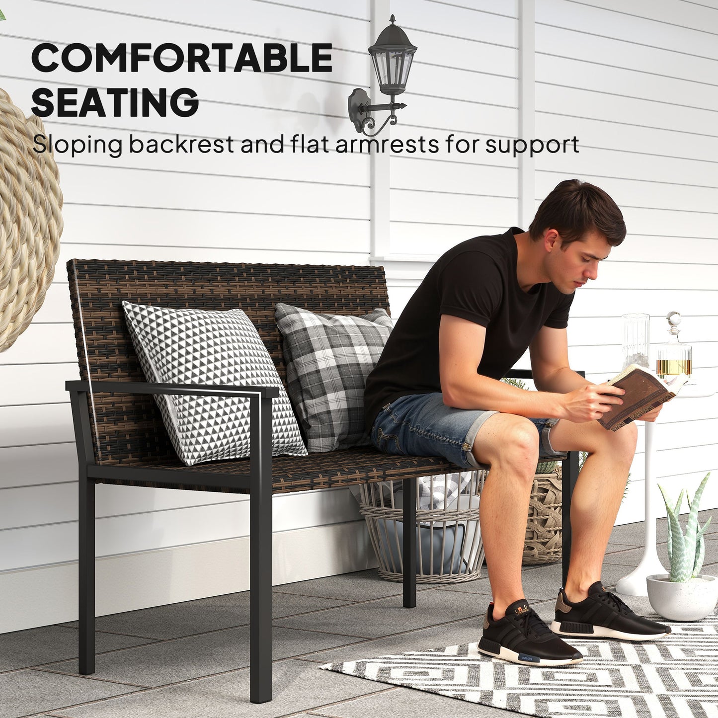 Batare Rattan Brown 2 Seater Garden Bench With Armrests