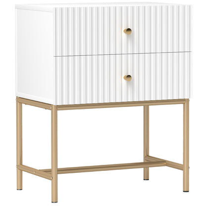 Lelu Rata White and Gold Elegant 2 Drawer Ribbed Bedside Table
