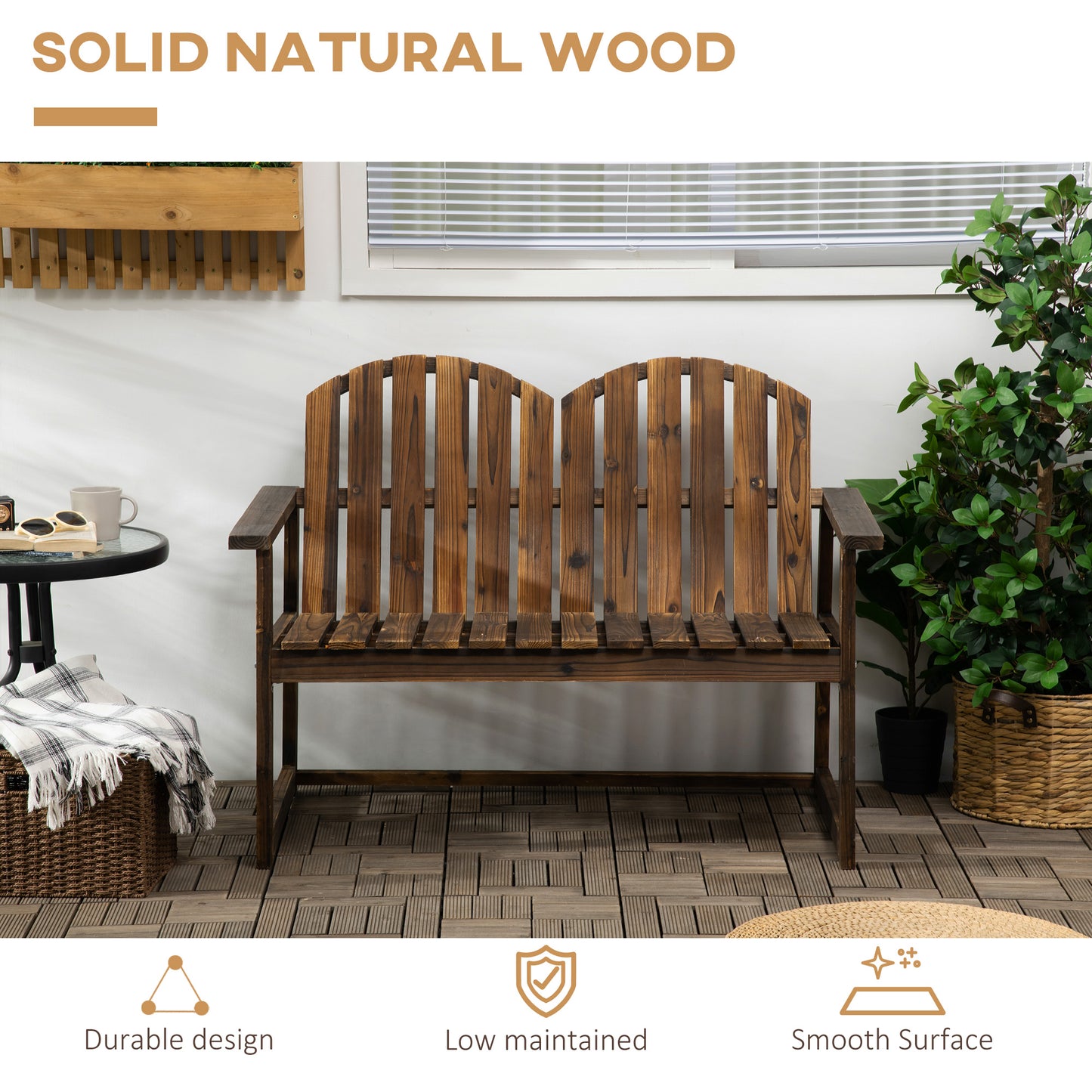 Rozi Wood 2 Seater Outdoor Garden Bench With Slatted Back And Armrests