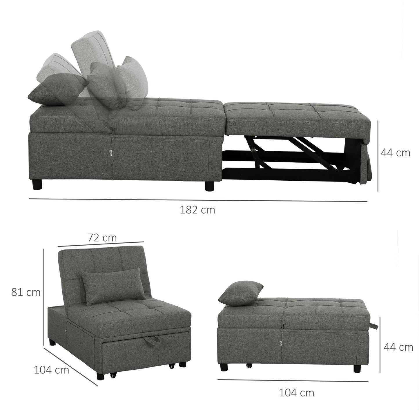 Lulusa Kela Fabric Dark Grey 4 In One Convertible Single Sleeper Chair