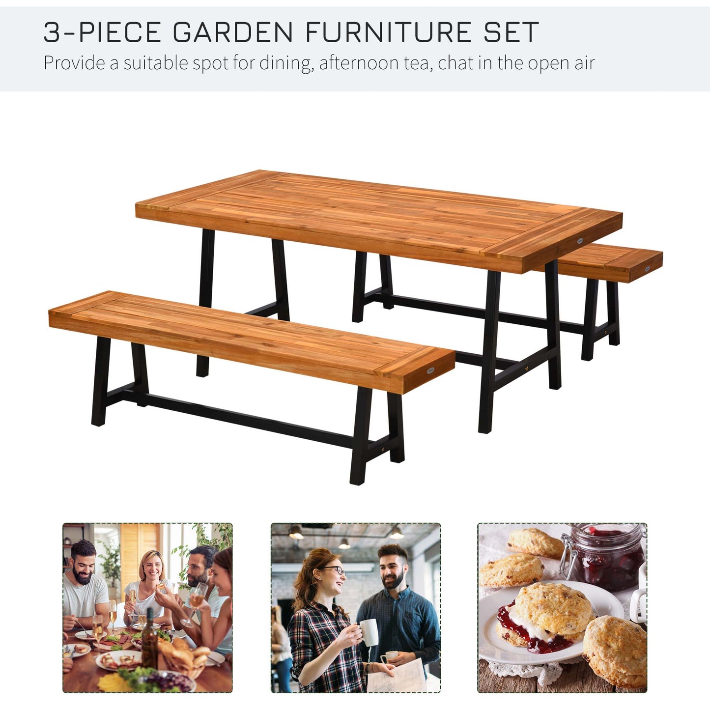 Nare Acacia Wood 3 Piece Picnic Table Set With 2 Benches