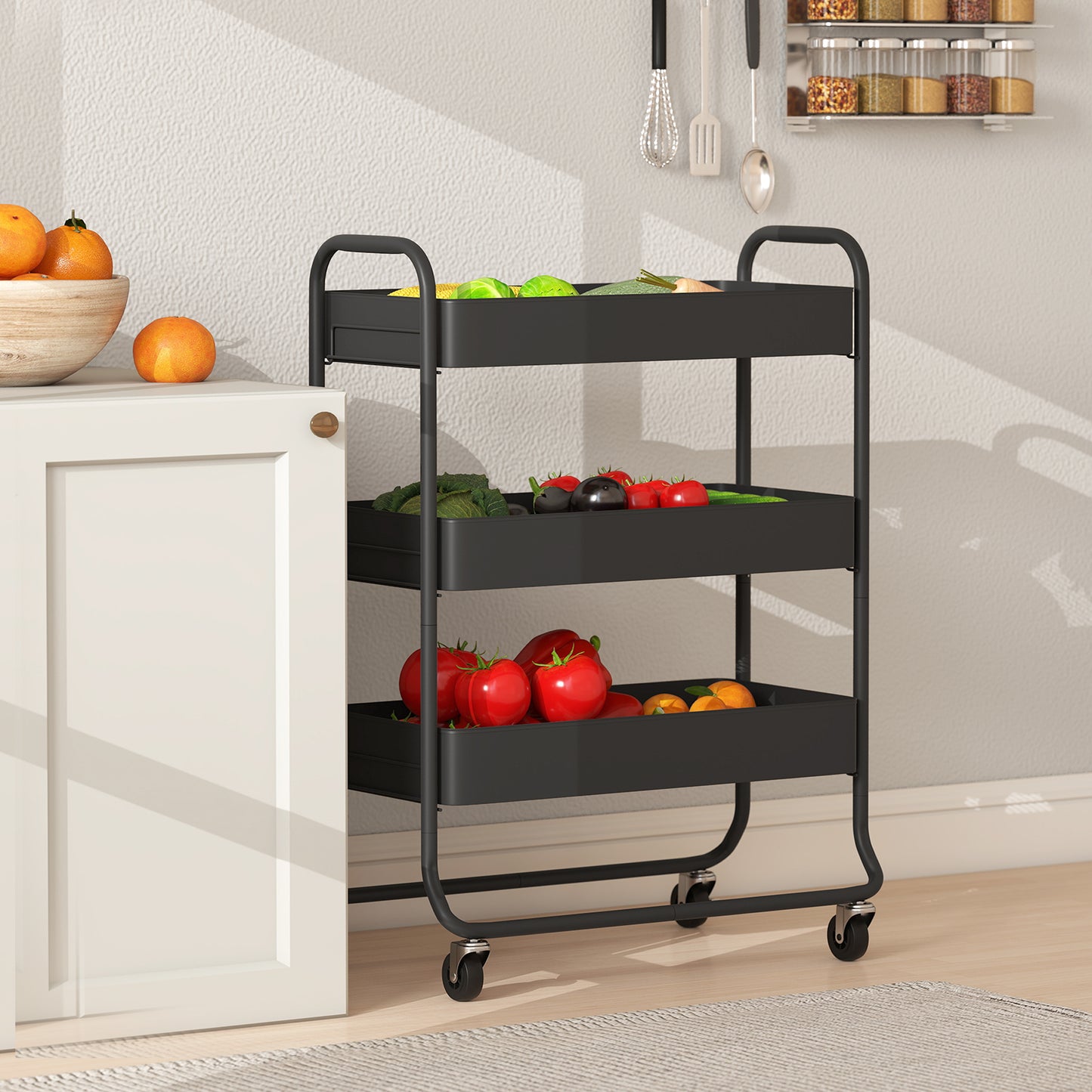Rakemi Metal Black 3 Tier Rolling Utility Trolley With Mesh Baskets