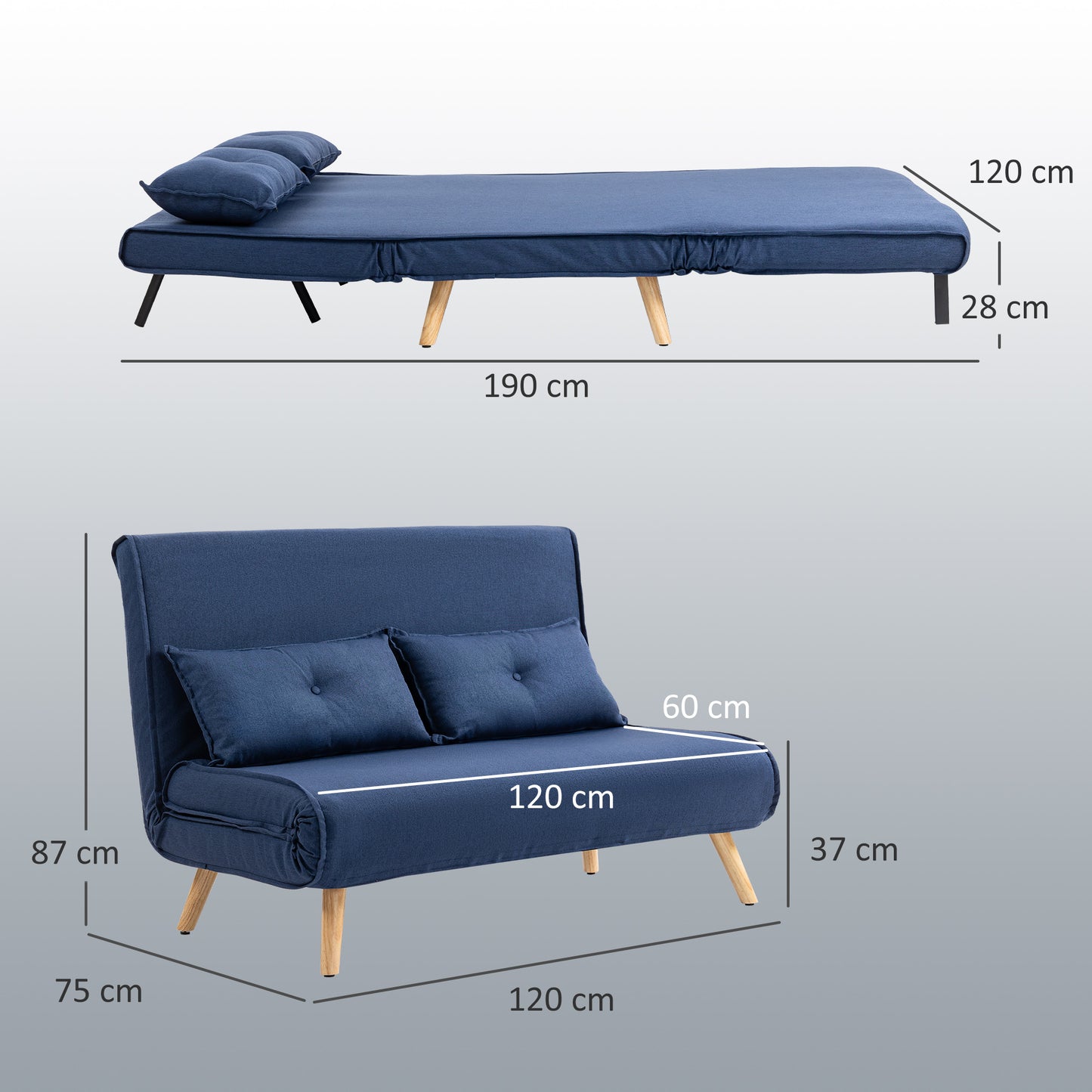 Roluzi Linen Look Dark Blue 2 Seater Sofa Bed