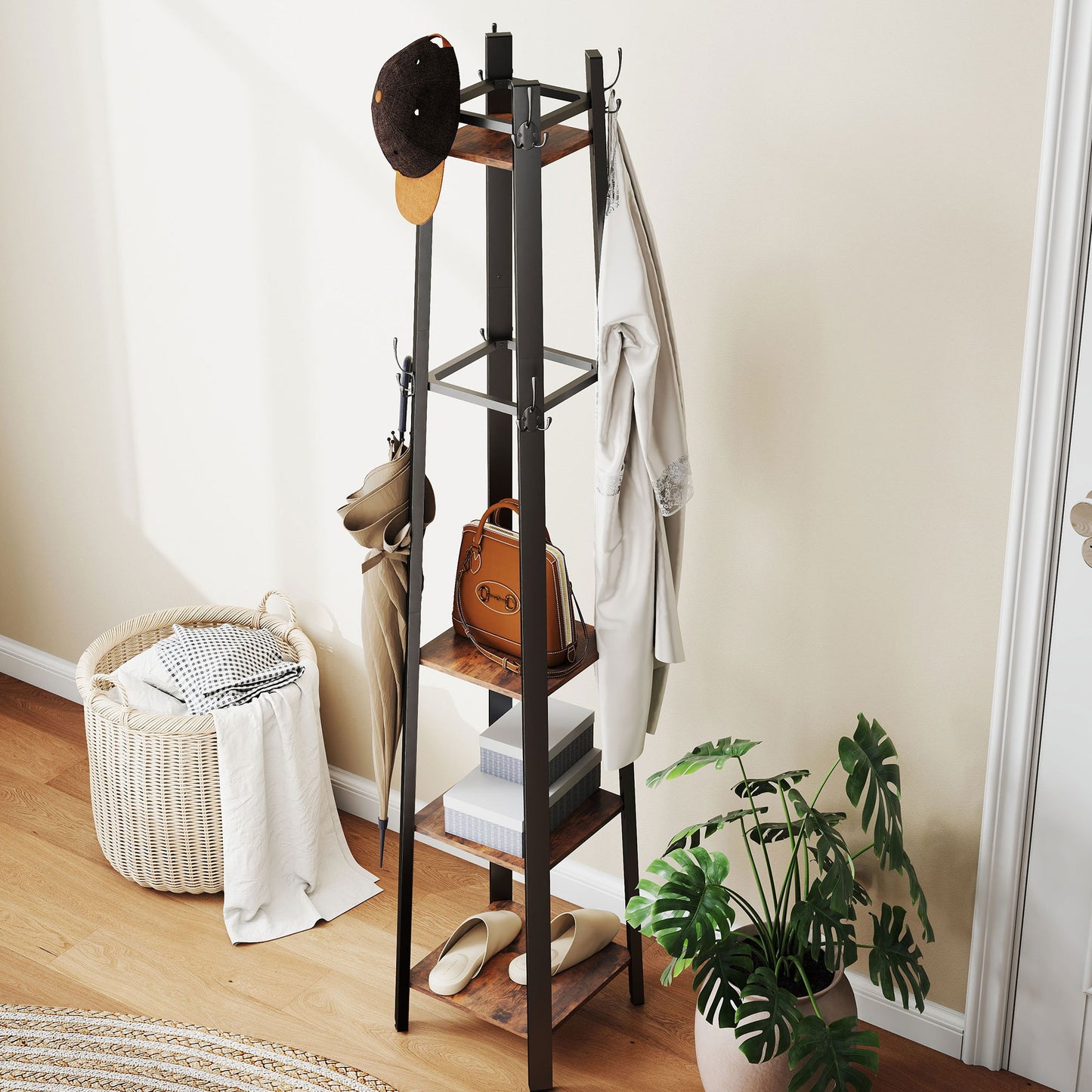Kareva Metal And Wood Brown And Black 4 Tier Industrial Coat Stand With Shelves