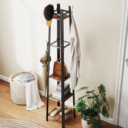 Kareva Metal And Wood Brown And Black 4 Tier Industrial Coat Stand With Shelves